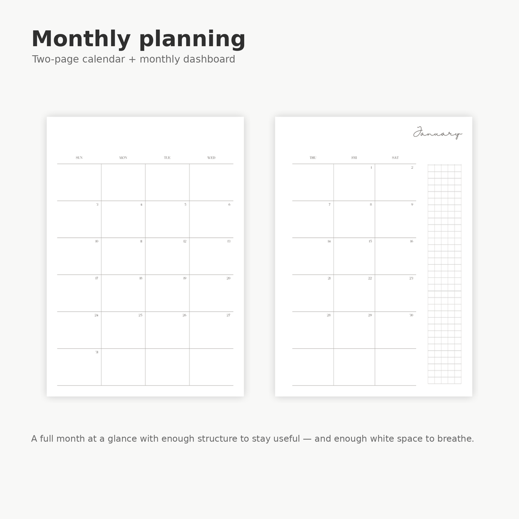 Two-page monthly calendar and planning spread from The Familiar Daybook Q1 2027 printable planner.