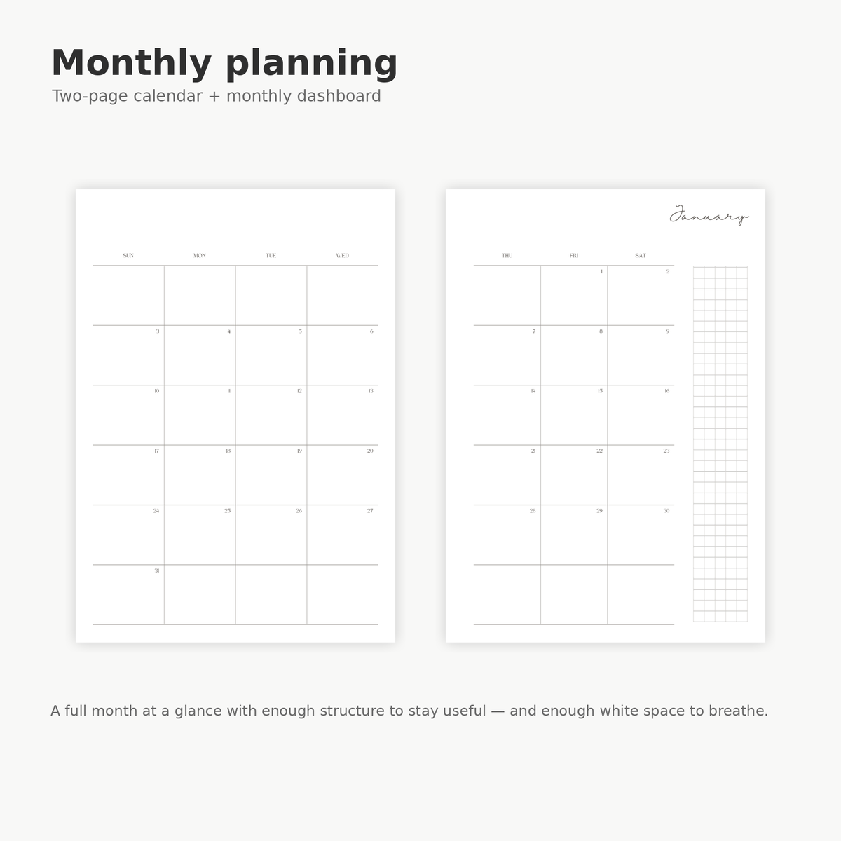 Two-page monthly calendar and planning spread from The Familiar Daybook Q1 2027 printable planner.