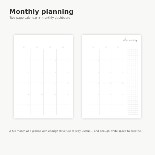 Two-page monthly calendar and planning spread from The Familiar Daybook Q1 2027 printable planner.