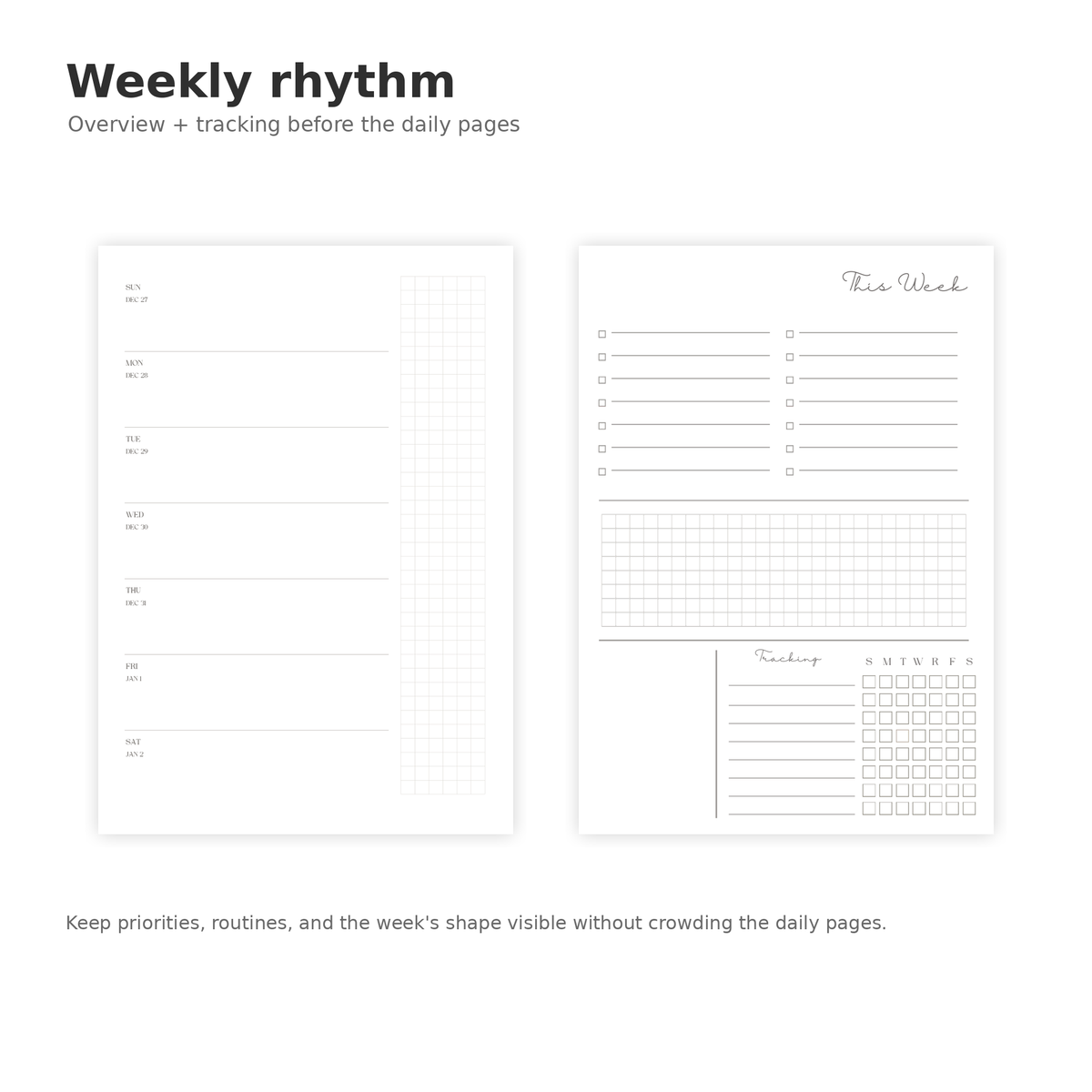 Weekly overview and tracking pages in The Familiar Daybook 2027
