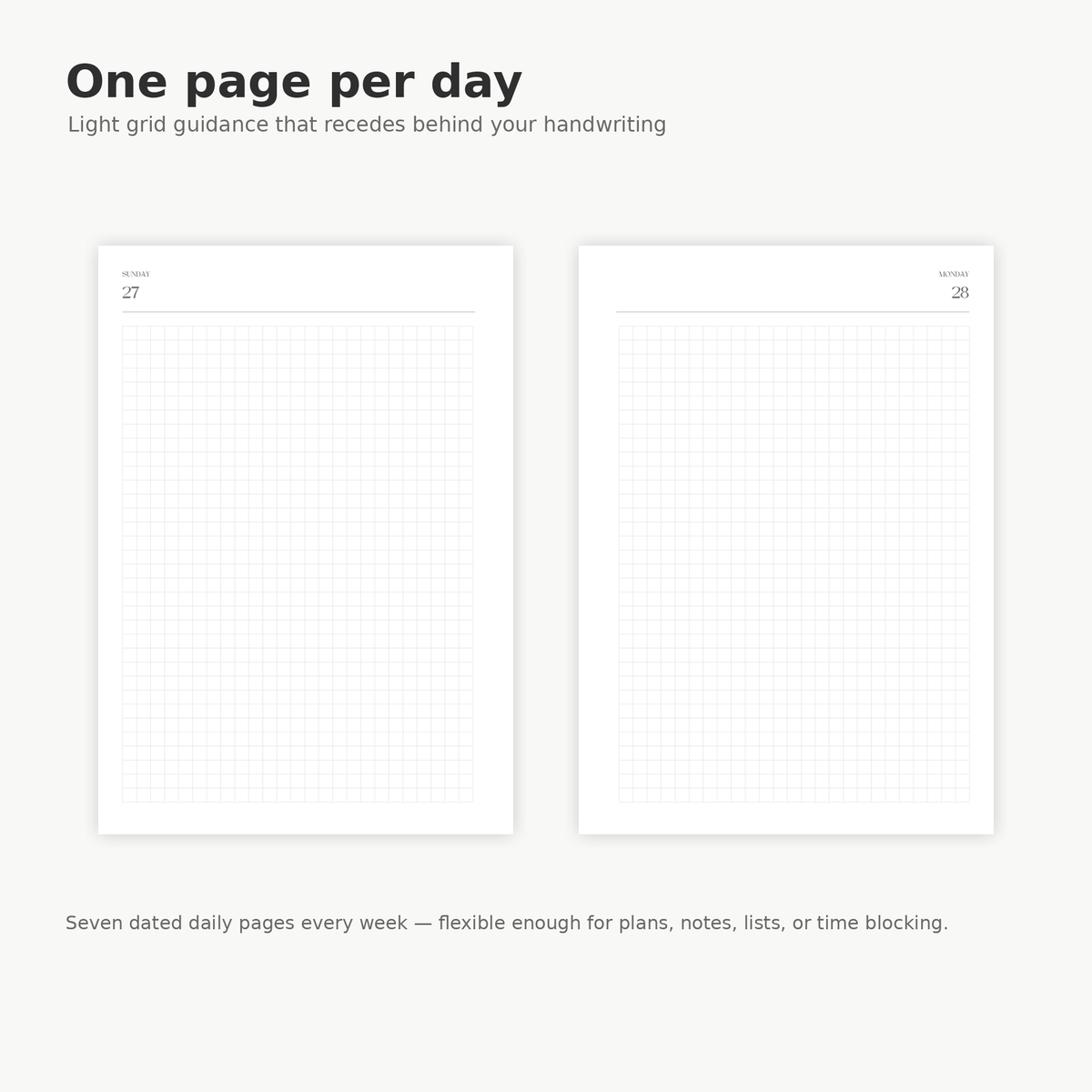 Dated daily planning pages from The Familiar Daybook Q1 2027 for plans, notes, and journaling.