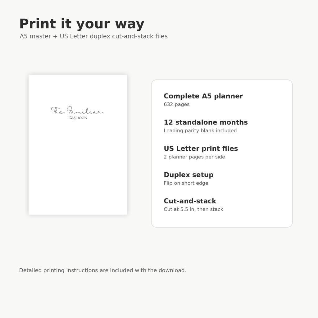A5 and US Letter cut-and-stack print options for The Familiar Daybook 2027