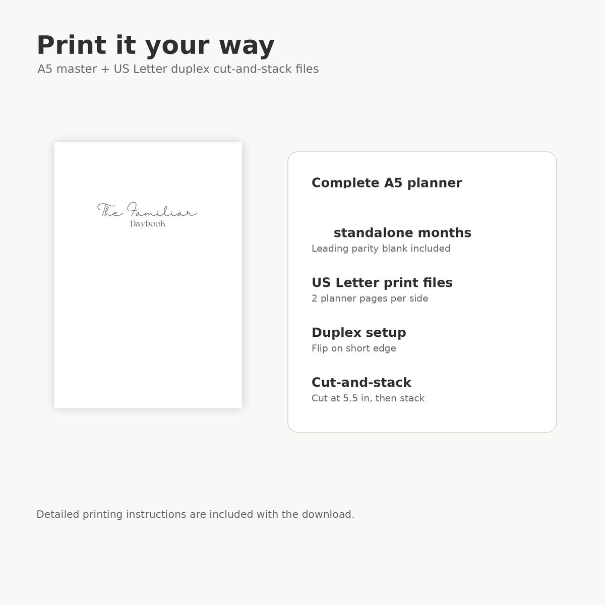 A5 and US Letter cut-and-stack printing options included with The Familiar Daybook Q1 2027.