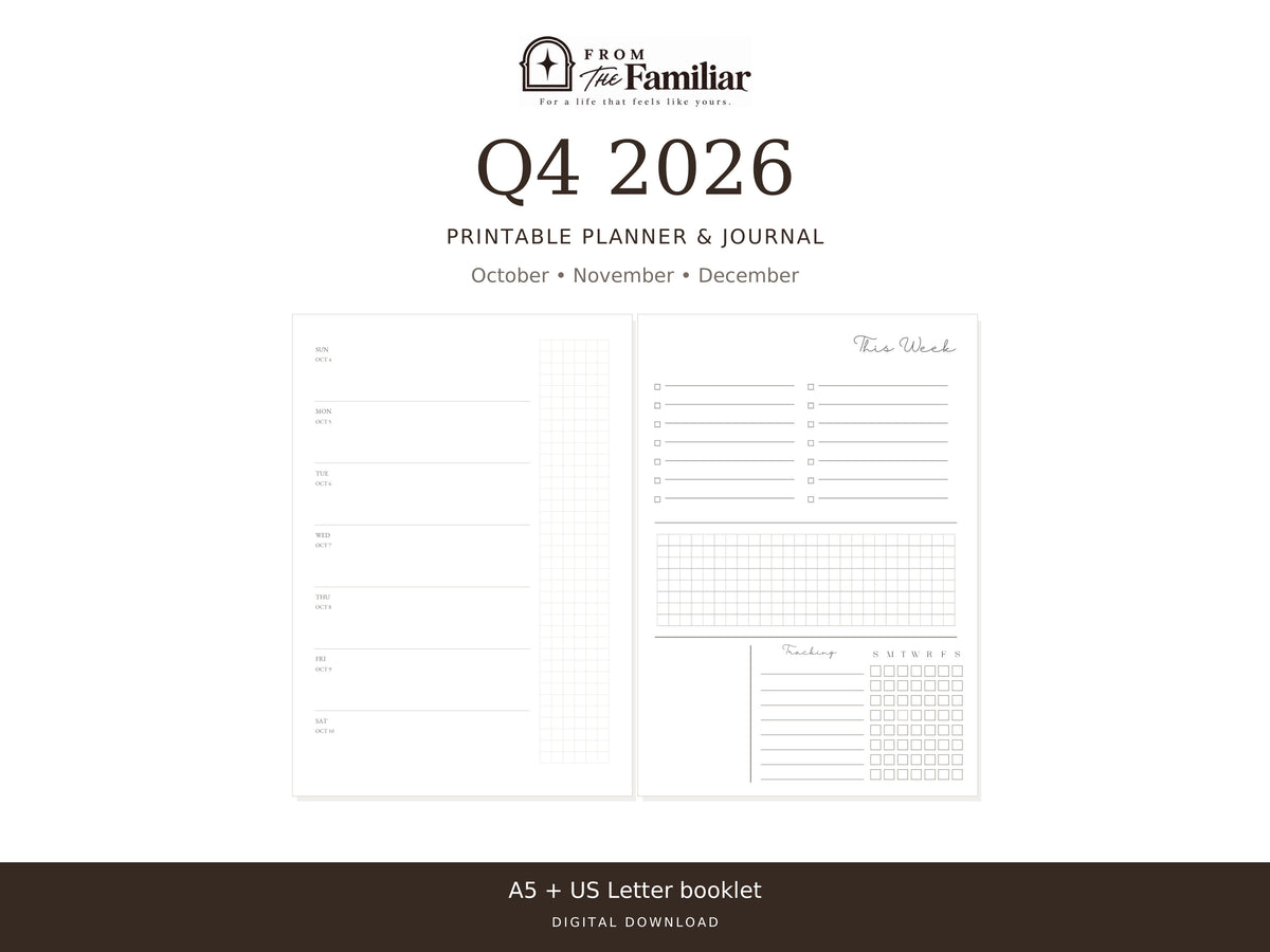 Q4 2026 printable planner and journal for October, November, and December. A5 and US Letter booklet PDFs included.