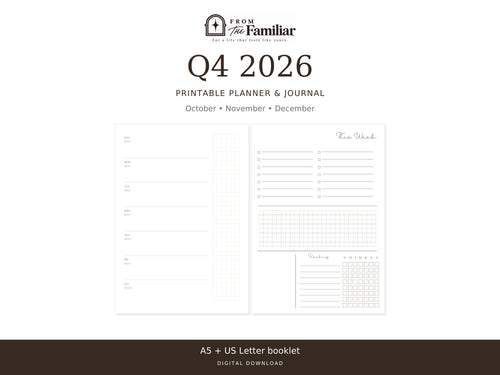 Q4 2026 printable planner and journal for October, November, and December. A5 and US Letter booklet PDFs included.