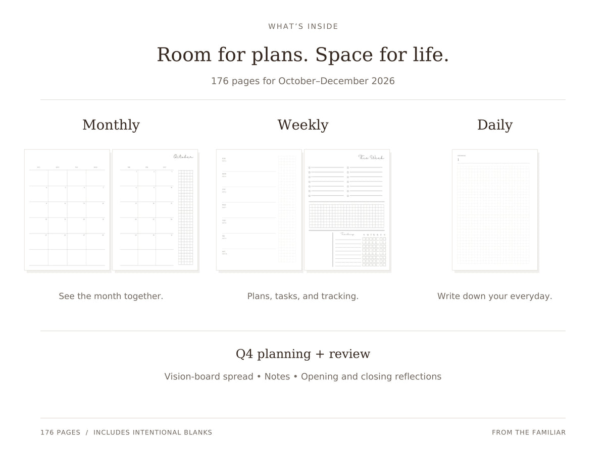 Monthly, weekly, and dated daily planning, plus Q4 planning and review, a vision-board spread, and notes. 176 pages including intentional blanks.