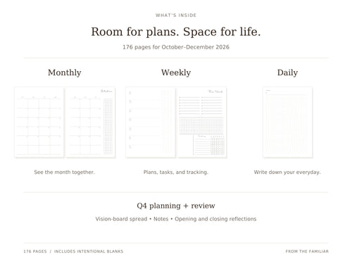 Monthly, weekly, and dated daily planning, plus Q4 planning and review, a vision-board spread, and notes. 176 pages including intentional blanks.