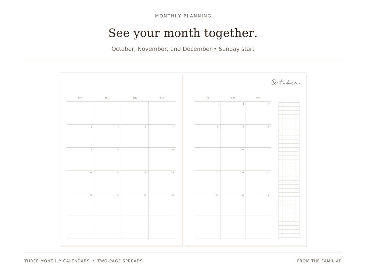 Actual October 2026 calendar across two facing pages, with a Sunday start. October, November, and December calendars are included.