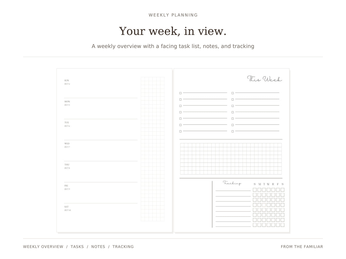 Weekly overview for October 4–10, 2026 facing the This Week task lists, notes space, and tracking grid.
