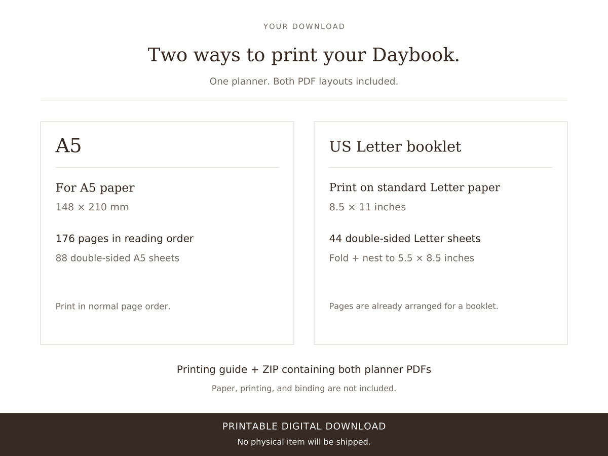A5 PDF and US Letter folded booklet PDF, two print layouts of the same planner. Digital download only; no physical item.