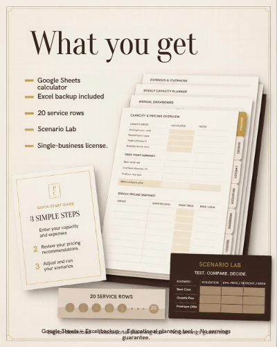 The Profitable Chair Google Sheets calculator features